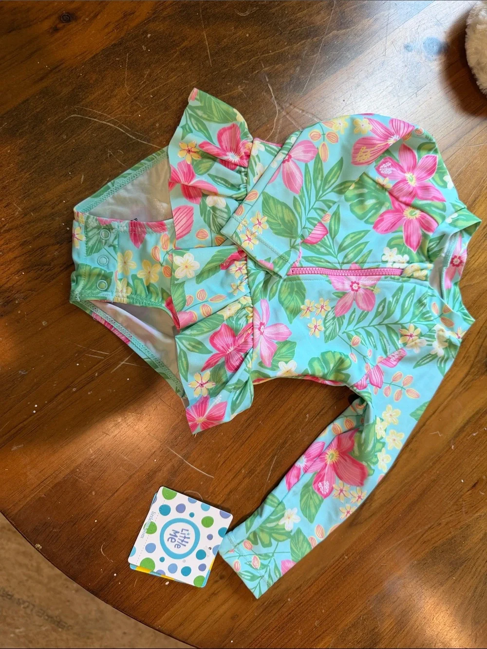 Little Me Girls' Aqua Floral Long Sleeve One-Piece Swimsuit 12 month